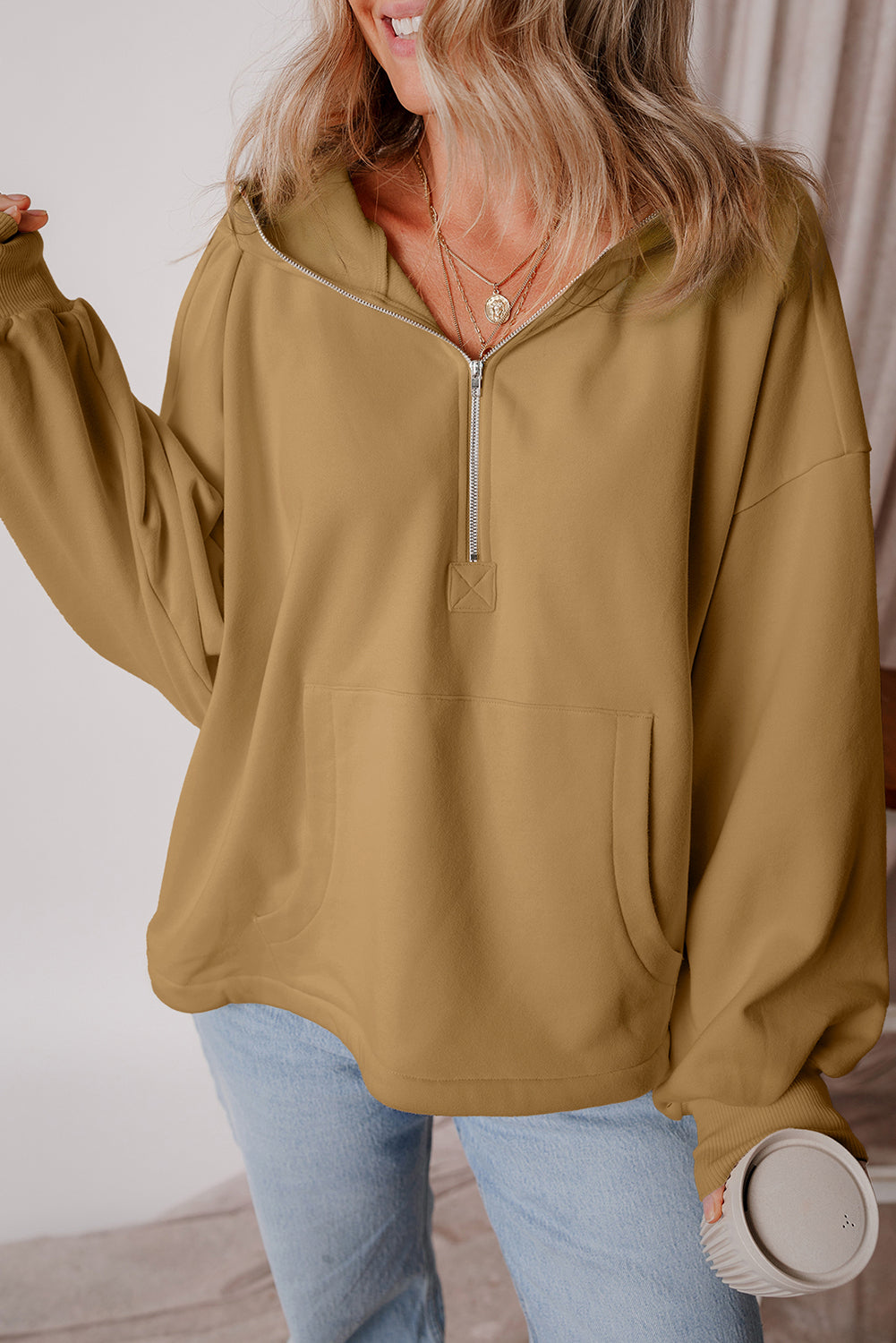 Bonbon Fleece Lined Half Zipper Kangaroo Pockets Loose Hoodie