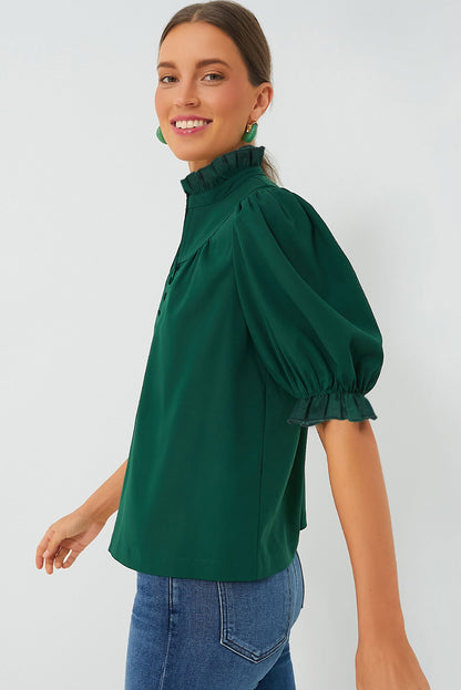 Green Stripe Plaid Puff Sleeve Frilled Trim Elegant Blouse