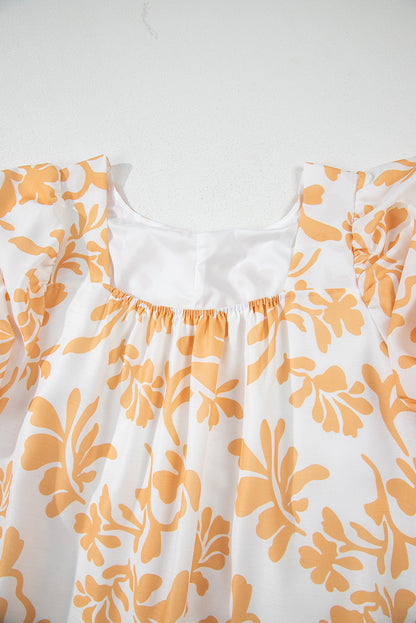 Apricot Floral Print Puff Short Sleeve Resort Plus Size Maxi Dress