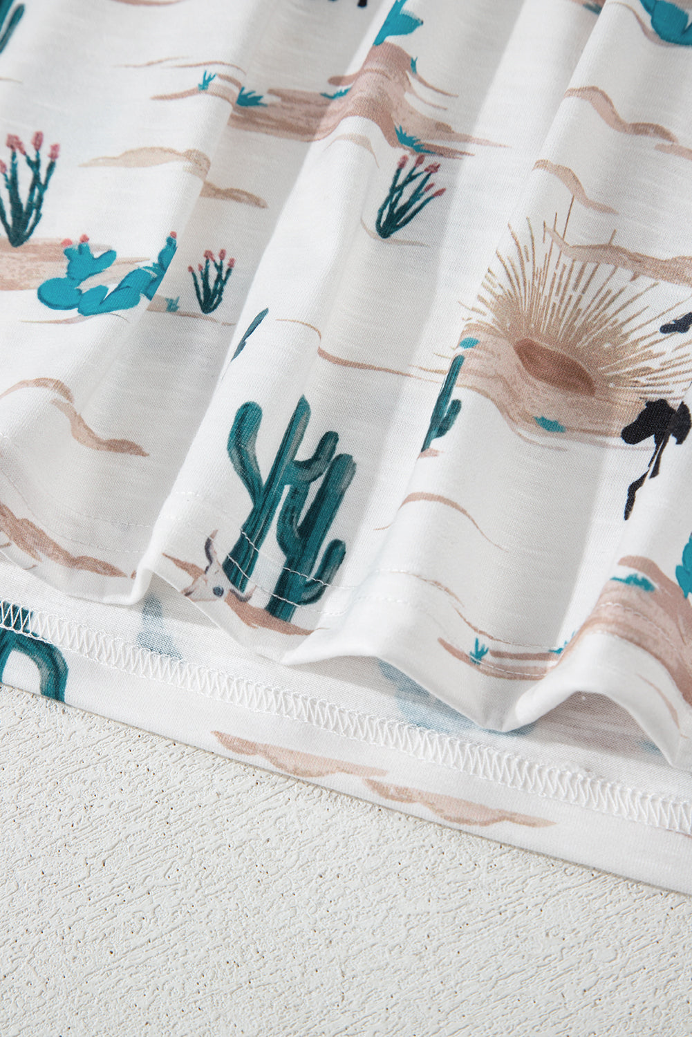 Beige Western Cactus Print Crew Neck Short Sleeve Top