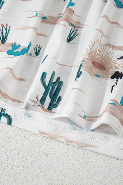 Beige Western Cactus Print Crew Neck Short Sleeve Top