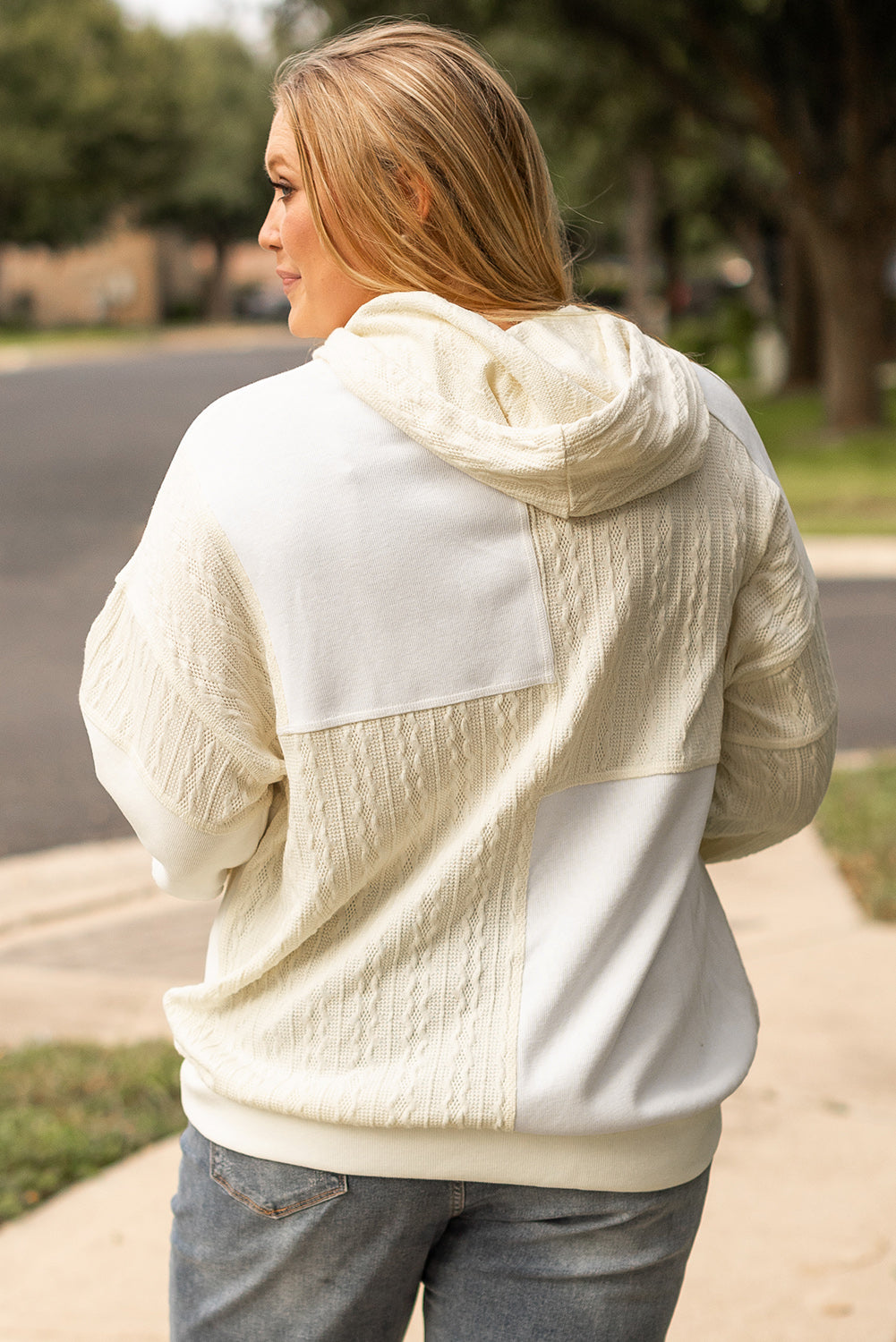 Beige Textured Patchwork Exposed Seam Plus Size Hoodie