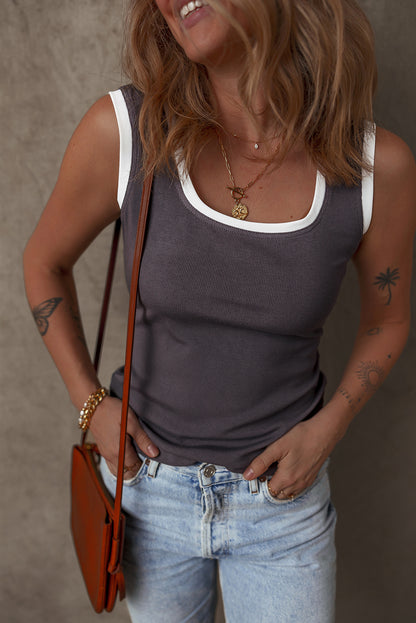 Smoke Gray Ribbed Knit Colorblock Edge U Neck Slim Fit Tank Top