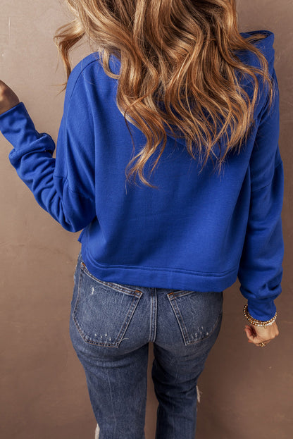 Black Solid Drop Shoulder Drawstring Cropped Hoodie