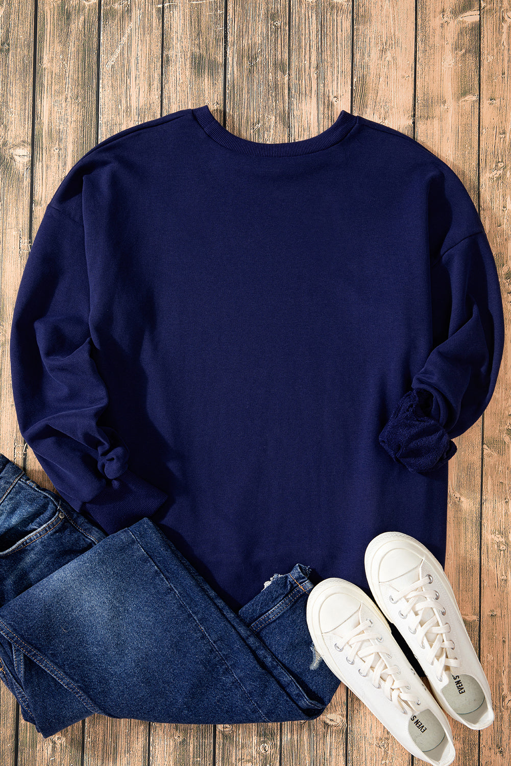 Parchment Solid O Neck High Low Hem Pullover Sweatshirt