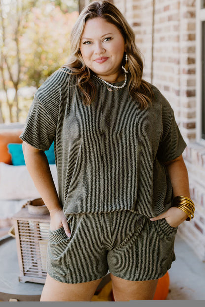 Moss Green Plus Size Rib Knit Short Sleeve Top and Shorts Set