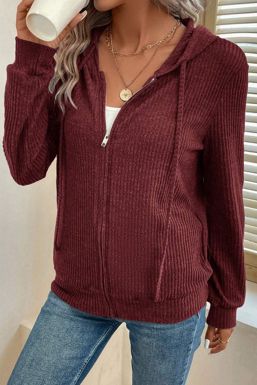Evergreen Ribbed Zip Up Front Drawstring Hoodie