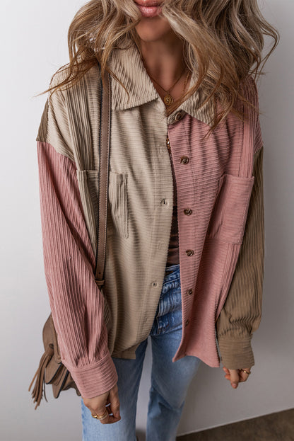Brown Color Block Chest Pockets Buttoned Corduroy Shacket