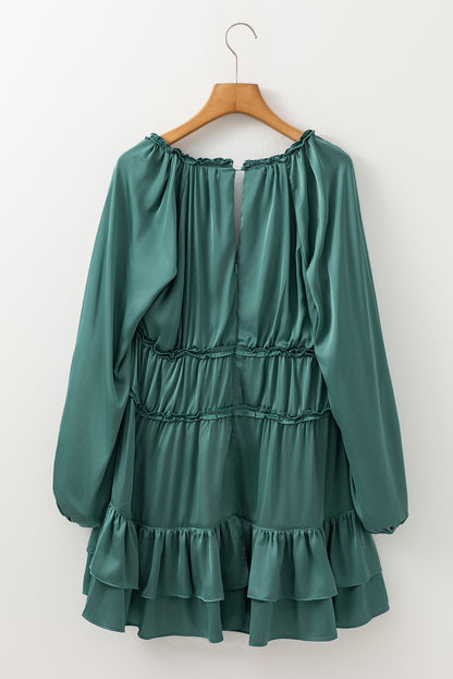 Black Tiered Ruffled Puff Sleeve Loose Fit Mini Dress
