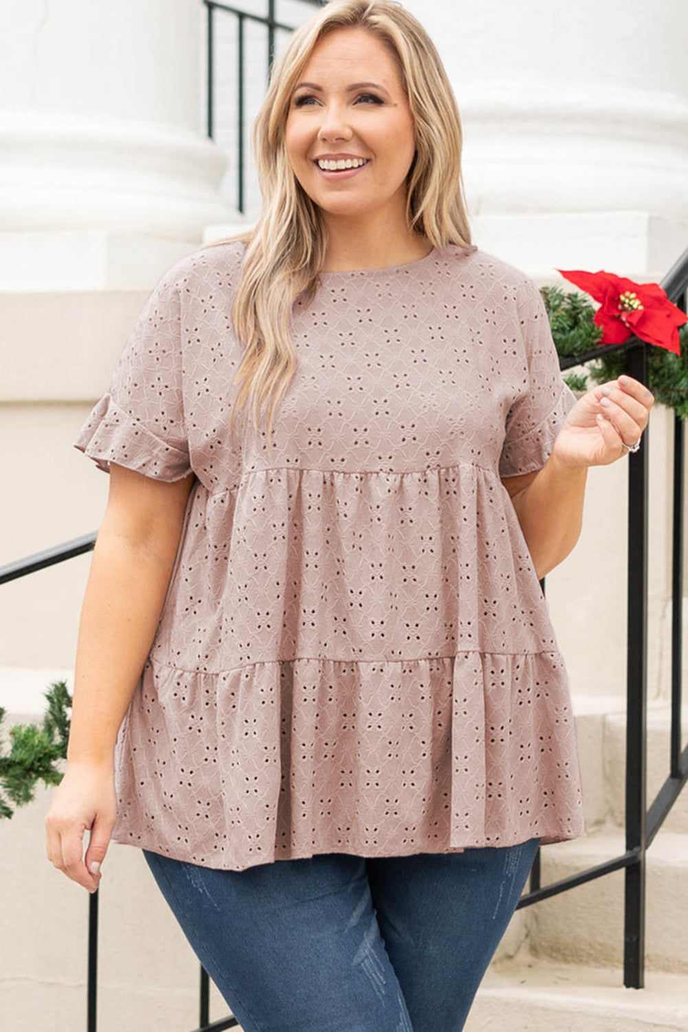 Pink Plus Size Eyelet Pattern Ruffle Sleeve Babydoll Top