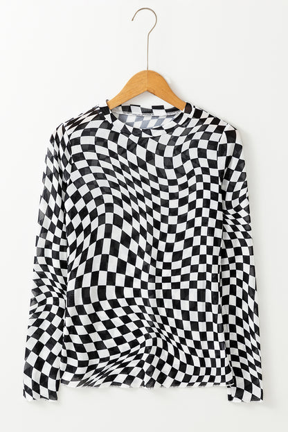 Khaki Checkered Pattern Mesh Mock Neck Long Sleeve Top