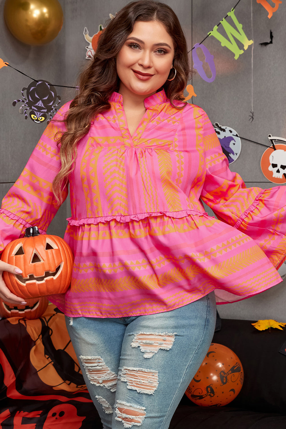 Vitality Orange Plus Size Geometric Printed Bell Sleeve Babydoll Blouse