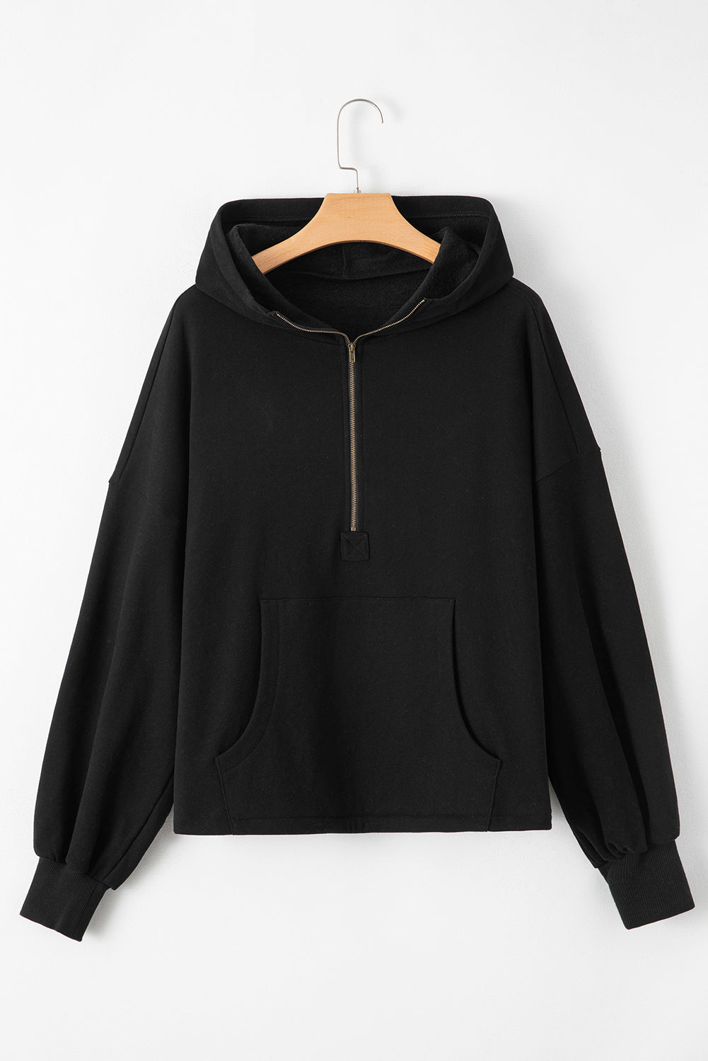 Bonbon Fleece Lined Half Zipper Kangaroo Pockets Loose Hoodie