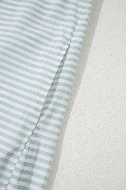 White Stripe Collared V Neck Chest Pocket Long Sleeve Beach Cover up