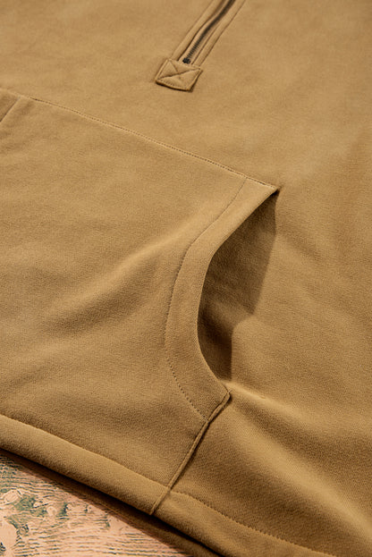 Bonbon Fleece Lined Half Zipper Kangaroo Pockets Loose Hoodie