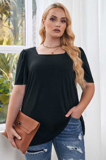 Green Plus Size Square Neck Ruched Shoulder Short Sleeve Top