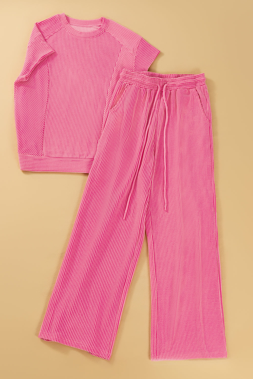 Wild Wind Solid Corded Knit Short Sleeve T Shirt and Wide Leg Pants Set