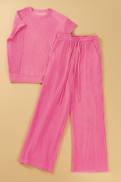 Wild Wind Solid Corded Knit Short Sleeve T Shirt and Wide Leg Pants Set