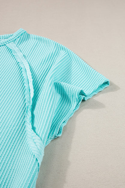 Light Blue Ribbed Exposed Seam Casual Plus Size T Shirt