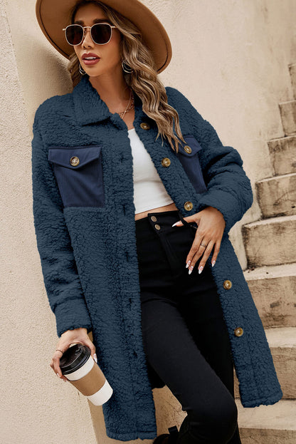 Khaki Contrast Flap Pocket Single Breasted Teddy Coat
