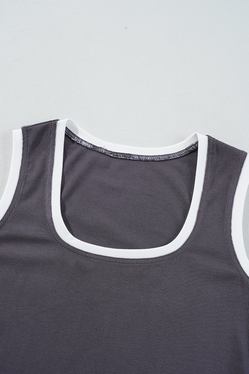 Smoke Gray Ribbed Knit Colorblock Edge U Neck Slim Fit Tank Top