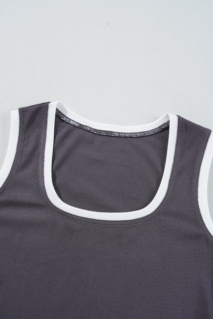 Smoke Gray Ribbed Knit Colorblock Edge U Neck Slim Fit Tank Top