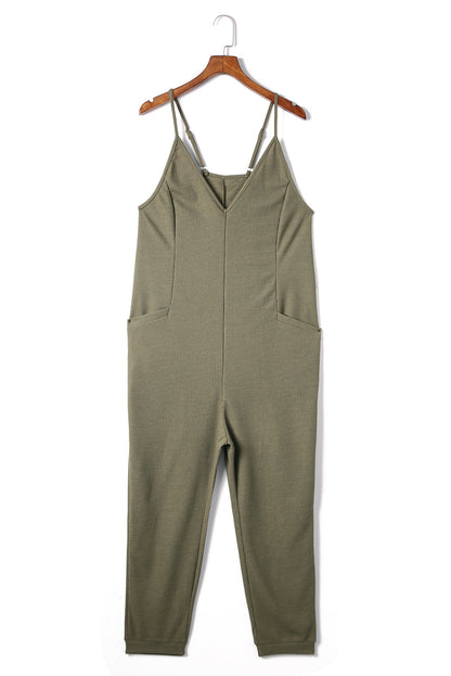 Gray Textured Sleeveless V-Neck Pocketed Casual Jumpsuit