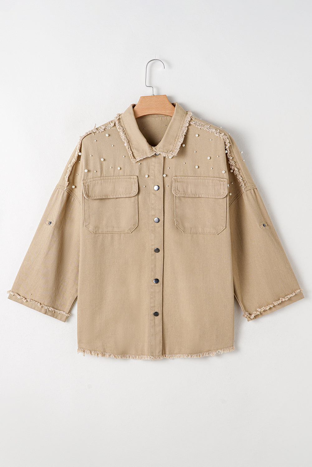 Bonbon Pearl Beaded Raw Hem Button Up Denim Jacket