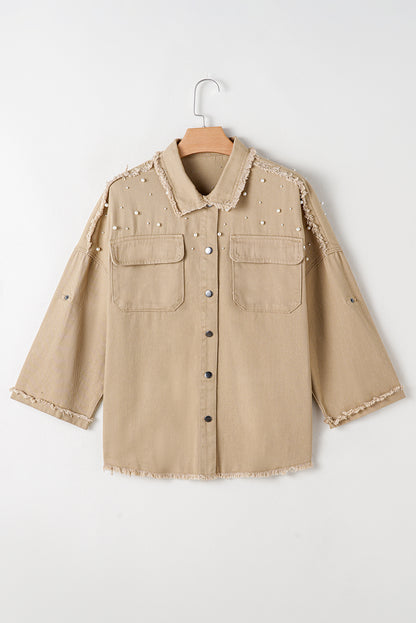 Bonbon Pearl Beaded Raw Hem Button Up Denim Jacket