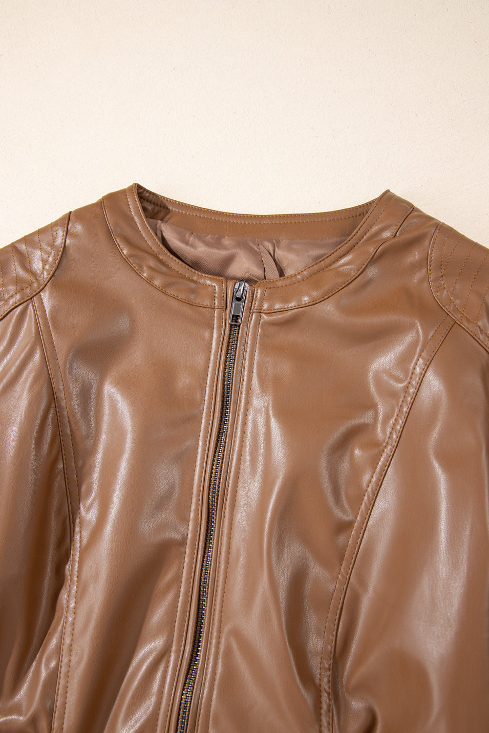 Sage Green Solid Faux Leather Zipper Slim Fit Bomber Jacket