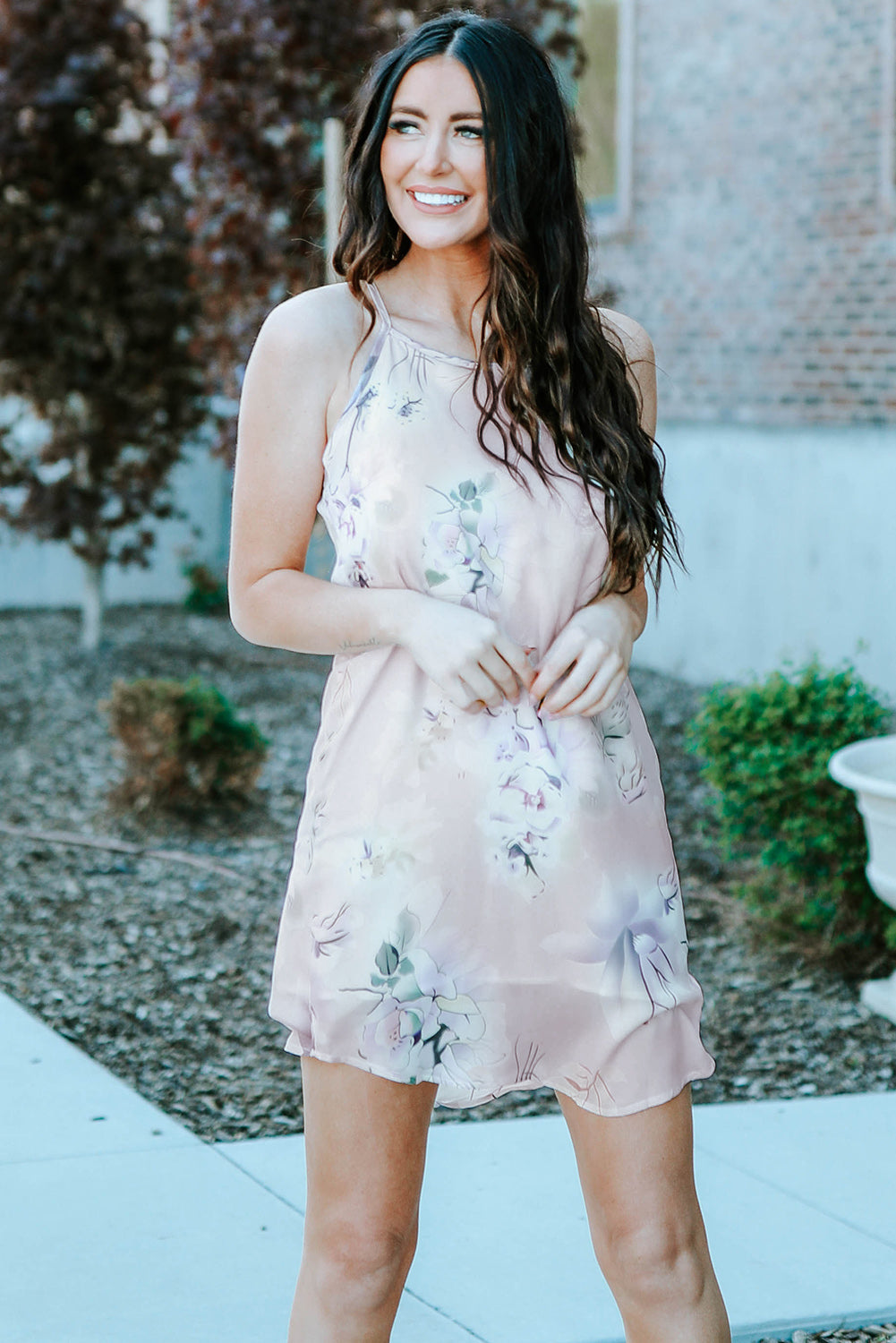 Summer Floral Print Pink Sleeveless Dress