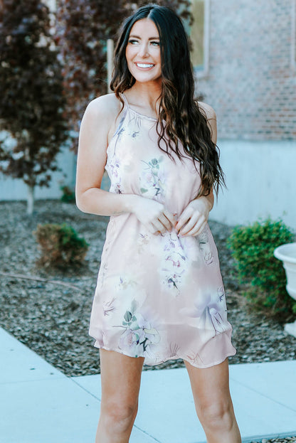 Summer Floral Print Pink Sleeveless Dress
