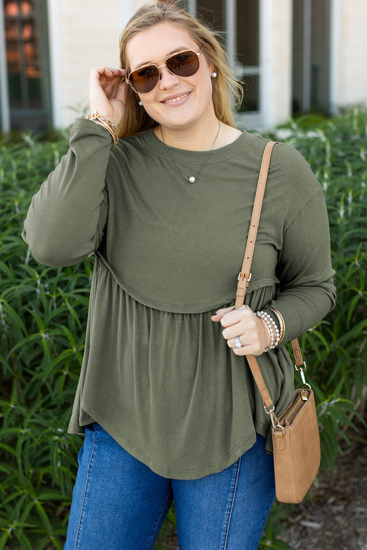 Mist Green Plus Size Thermal Knitted Babydoll Flare Top