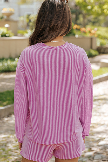 Carbon Grey Bowknot Patched Pattern Corded Long Sleeve Top and Shorts Outfit
