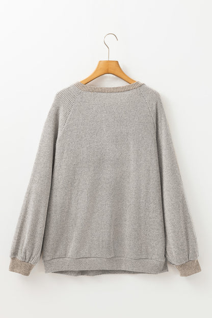 Black Color Contrast Ribbed Loose Fit Long Sleeve Top