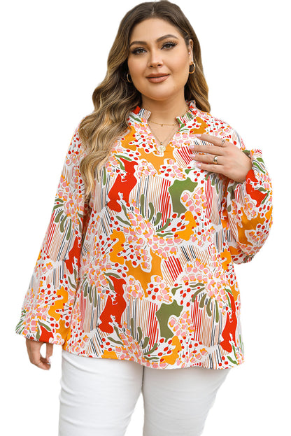 Orange Printed Floral Abstract Print Frilled V Neck Plus Size Blouse