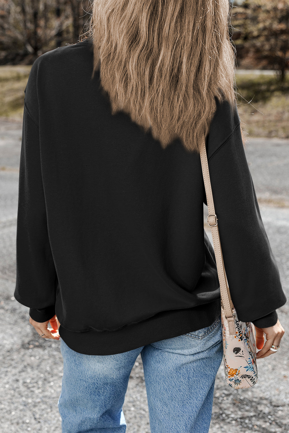 Navy Blue Plain Drop Shoulder Crewneck Pullover Sweatshirt