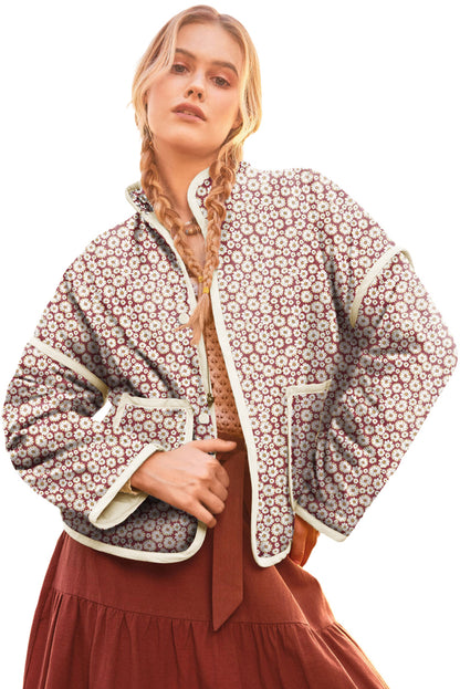 Pink Floral Print Contrast Edge Pocketed Stand Neck Jacket