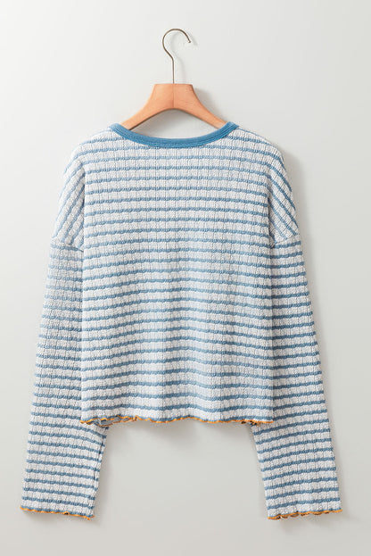 Green Stripe Textured Frilly Trim Buttons Henley Long Sleeve Top