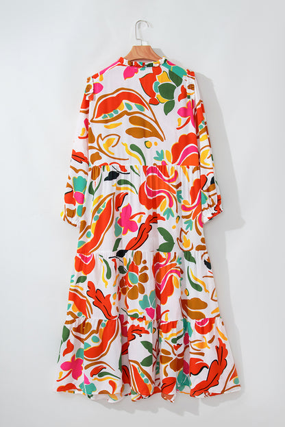 Orange Floral Print Drawstring V Neck Tiered Plus Size Dress