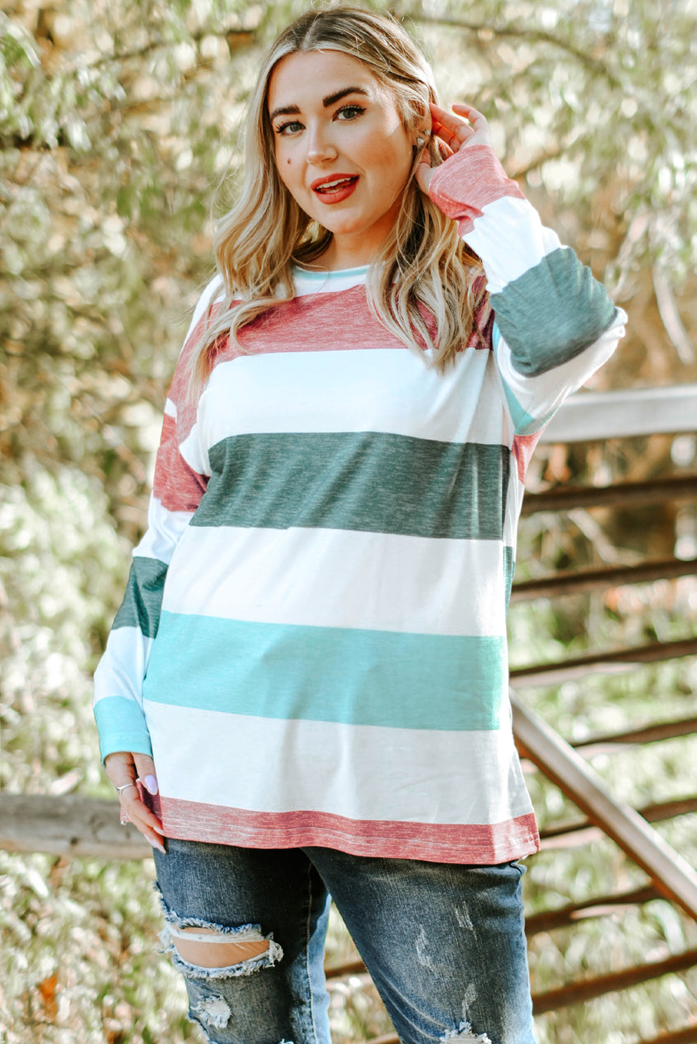 Green Stripe Plus Size Colorblock Pullover Top