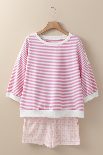 Pink Striped 3/4 Sleeve Drop Shoulder Top