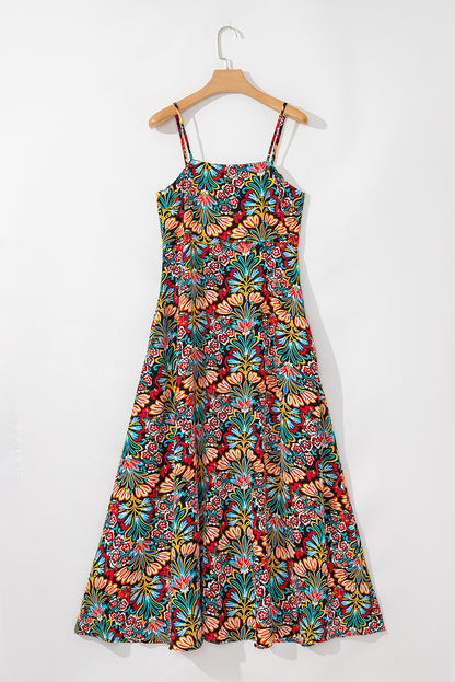 Black Boho Floral Print Thin Straps Sleeveless High Waist Maxi Dress