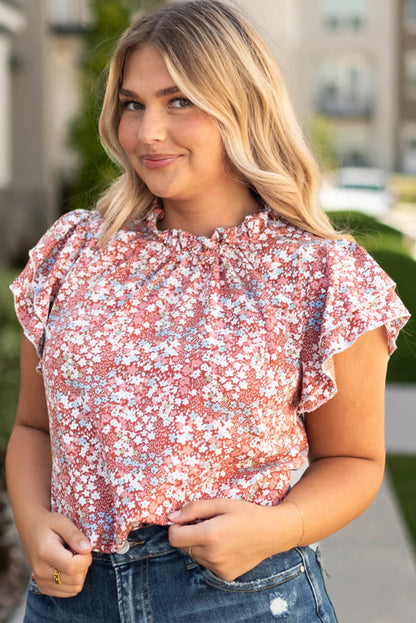 Pink Plus Size Floral Print Ruffled Sleeve Frilled Neck Blouse