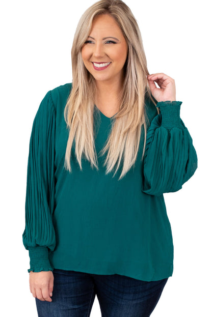 Green Pleated Bubble Sleeve Plus Size Blouse