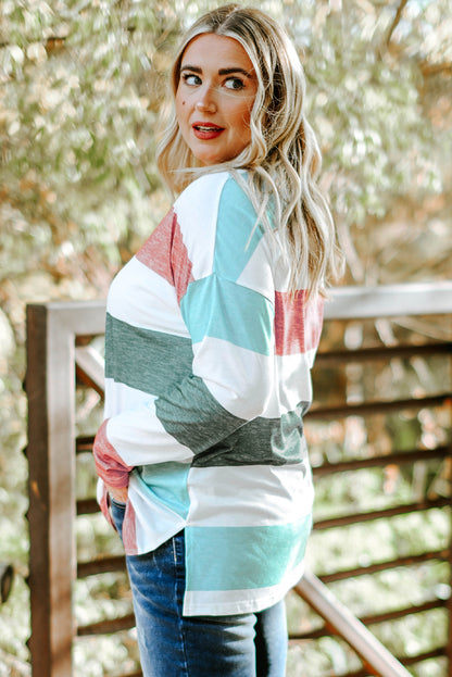 Green Stripe Plus Size Colorblock Pullover Top