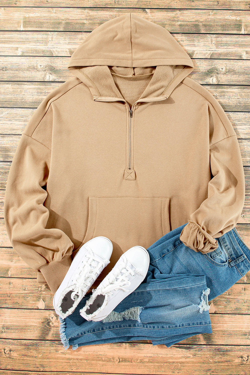 Bonbon Fleece Lined Half Zipper Kangaroo Pockets Loose Hoodie