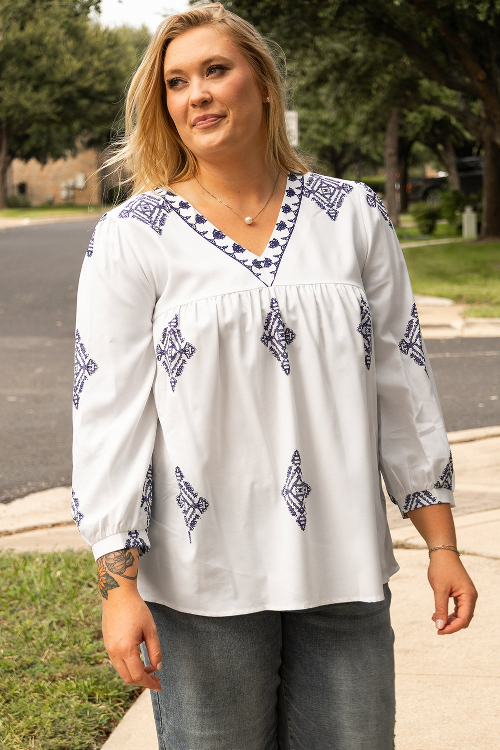 White Boho Geometric Print V Neck Bracelet Sleeve Plus Size Blouse