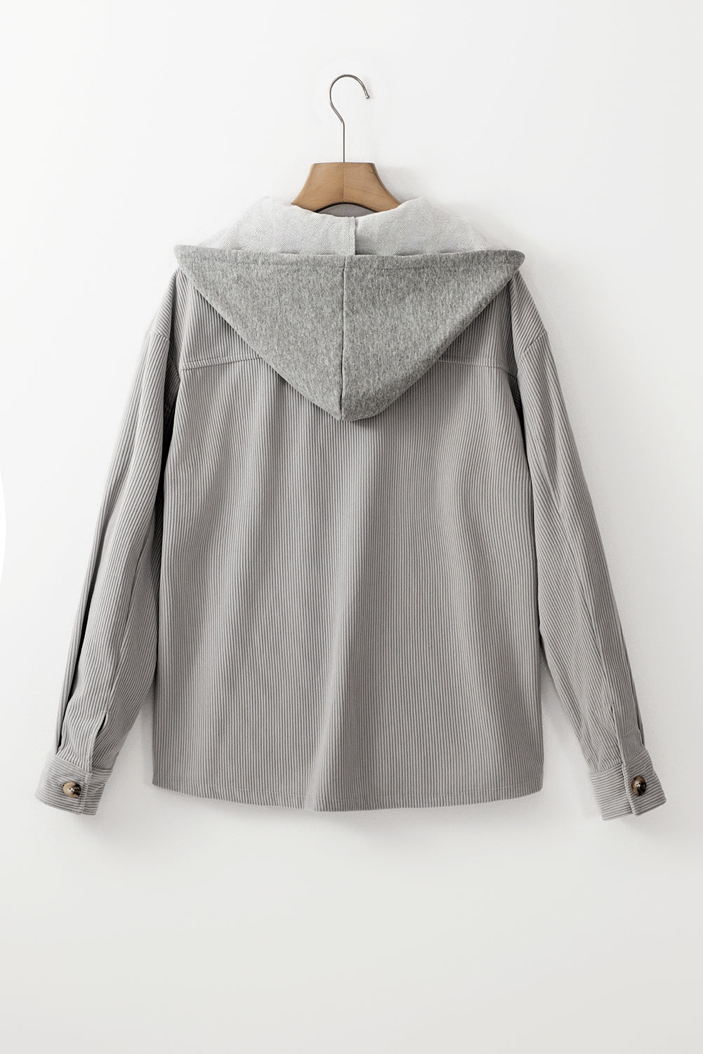 Pale Khaki Hooded Drawstring Pockets Corduroy Shacket