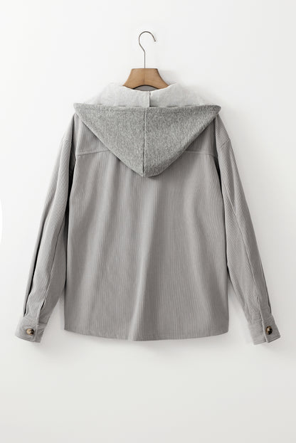 Pale Khaki Hooded Drawstring Pockets Corduroy Shacket